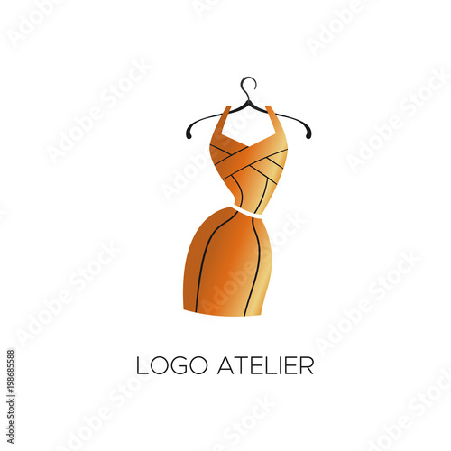 Logo for Atelier, women's clothing store. Vector template of the brand for the fashion designer. Element for Studio sewing and tailoring. Gold bandage dress with black lines
