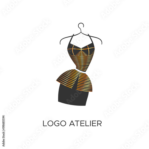 Logo for Atelier, women's clothing store. Vector template of the brand for the fashion designer. Element for Studio sewing and tailoring. Black dress with gold lines