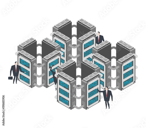 Server room. Data center Isometric style. Internet industry. Data transmission technology and data protection. Storage and Accumulation of Information.