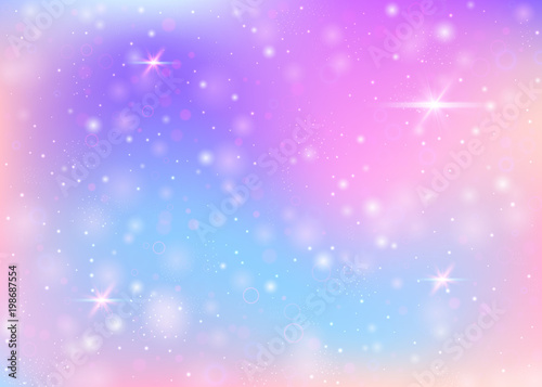 Fairy background with rainbow mesh.  Trendy universe banner in princess colors. Fantasy gradient backdrop with hologram. Holographic fairy background with magic sparkles, stars and blurs.