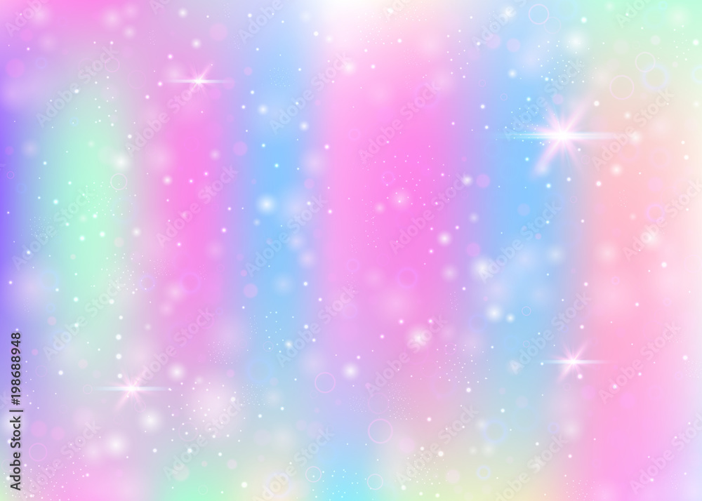 Hologram background with rainbow mesh. Mystical universe banner in princess colors. Fantasy gradient backdrop. Hologram magic background with fairy sparkles, stars and blurs.