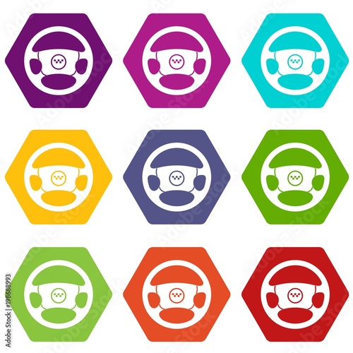 Steering wheel of taxi icon set color hexahedron
