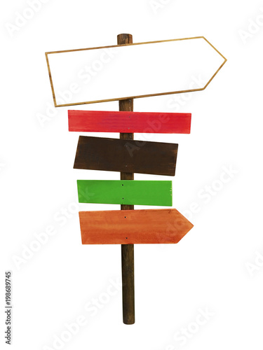 wood sign with directional arrows isolated on white background © Ioan Panaite