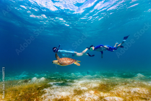 Family snorkeling with sea turtle photo