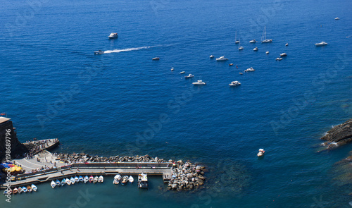 ships and small boats in port. sea view, Cinque Terre Italy