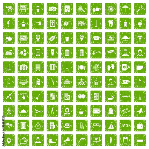 100 hotel services icons set grunge green