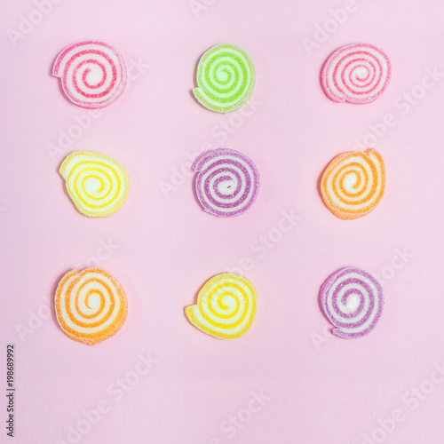 Jelly sweet candies on cyan background.