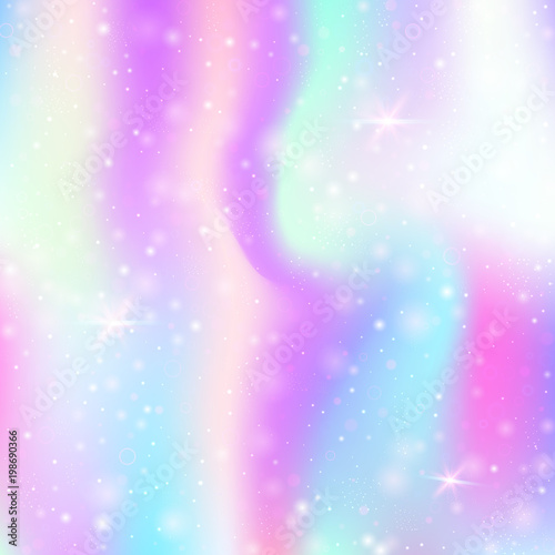 Magic background with rainbow mesh. Liquid universe banner in princess colors. Fantasy gradient backdrop with hologram. Holographic magic background with fairy sparkles, stars and blurs.