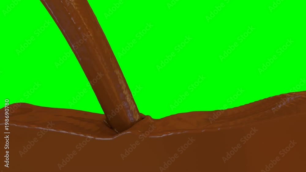 Animated melted chocolate or thick chocolate milk pouring and splashing filling up whole container against green background. One inflow source.
