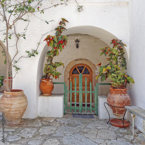 Fototapeta Naklejka Na Ścianę i Meble -  Greece, house door and flowerpots