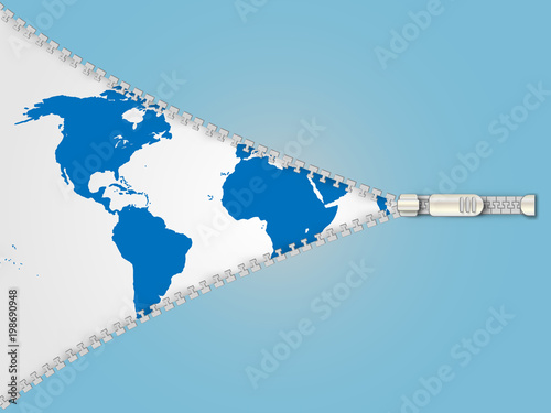 Silver zipper opening the world map background represent concept of travelling and global connection. Vector zipper design template. Blue zip background. Business concept. Technology background.