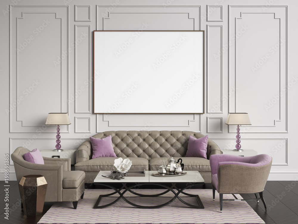 Classic interior in beige and pink colors.Sofa,chairs,sidetables with  lamps,table with decor.White color walls with mouldings,frame with blank  list on the wall Stock Illustration | Adobe Stock