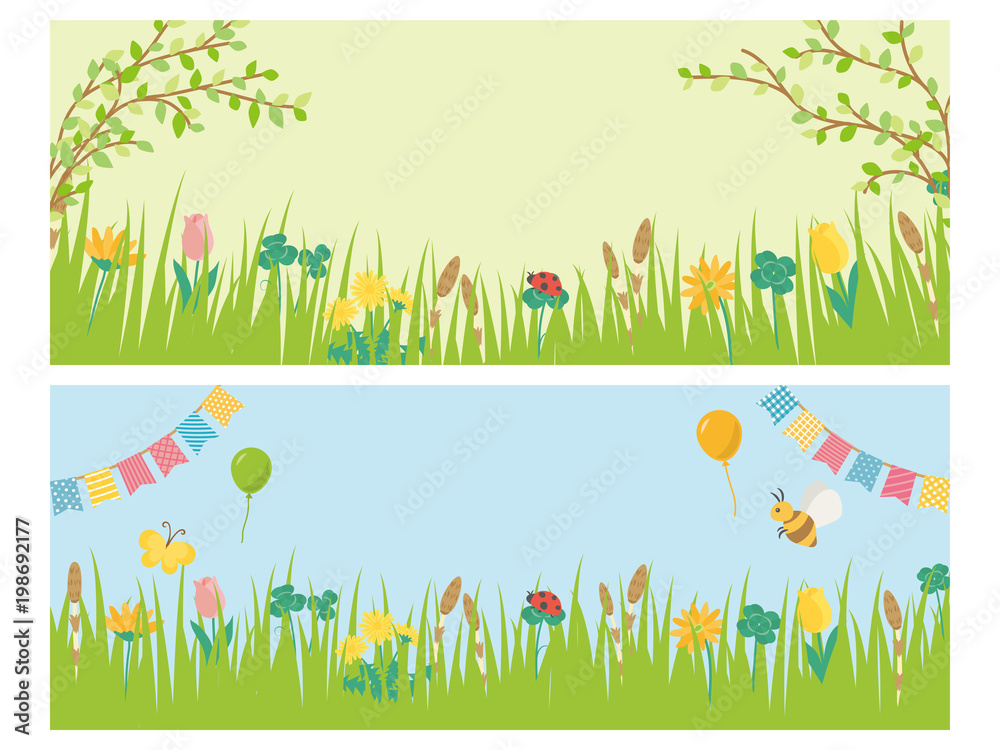 春の草花 草原の風景 バナー素材セット Stock Vector Adobe Stock