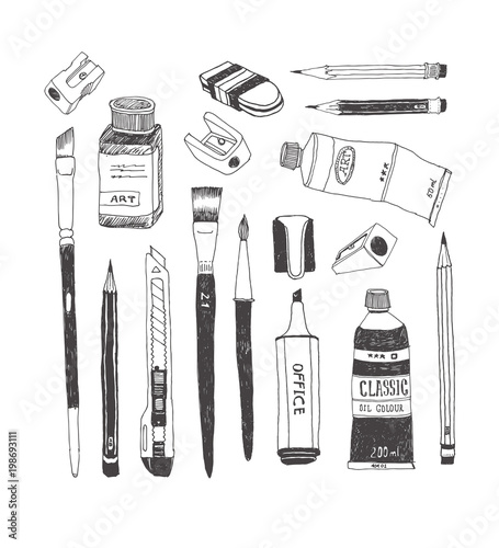 Hand drawn art tools and supplies set