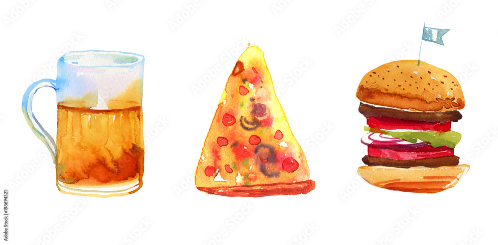 Beer, pizza and burger hand drawn watercolor set for posters and cards Beer, pizza and burger hand drawn watercolor set for posters and cards