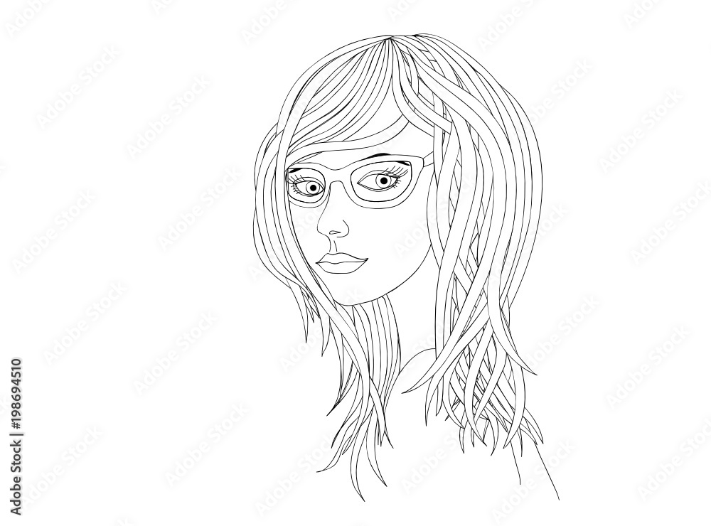 Beautiful girl with dark hair wearing glasses. Portrait of a girl on white background. Vector illustration Beautiful girl with dark hair wearing glasses. Portrait of a girl on white background. Vector illustration