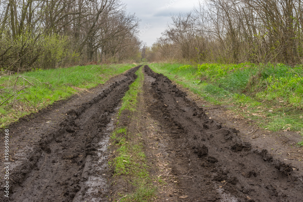 Early spring landscape with ruts on dirty road Early spring landscape with ruts on dirty road