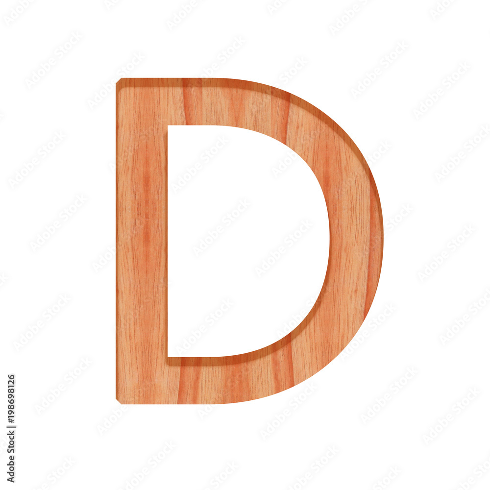 Naklejka drewniany wzór listu alfabetu vintage piękny 3d na białym tle, wielka litera D