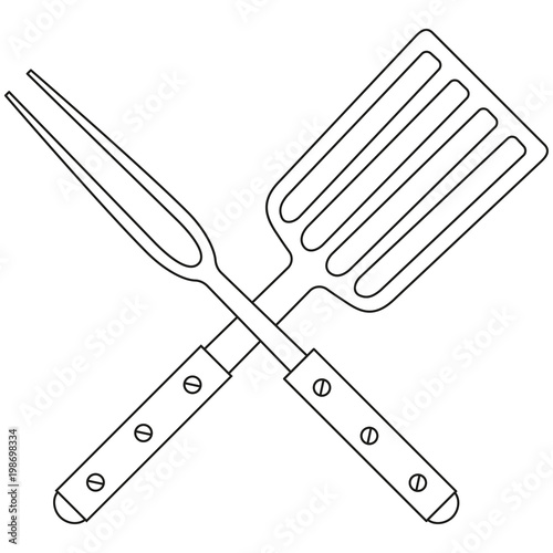 Line art black and white bbq fork spatula cross