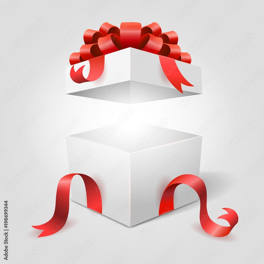Vecteur Stock Gift box. Open white surprise box with red ribbon for  christmas or happy valentine present vector illustration | Adobe Stock