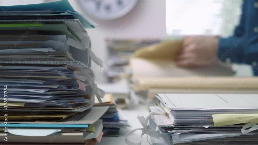 Employee working in the office and piles of paperwork Employee working in the office and piles of paperwork