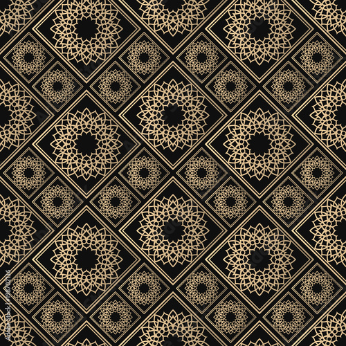 Islamic vector design. Seamless pattern oriental ornament. Black and golden textile print. Floral tiles.