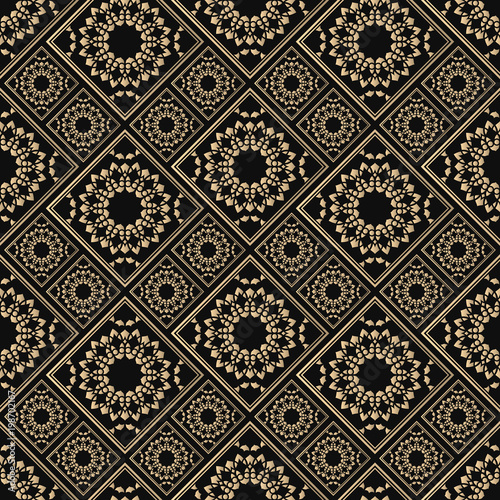 Islamic vector design. Seamless pattern oriental ornament. Black and golden textile print. Floral tiles.