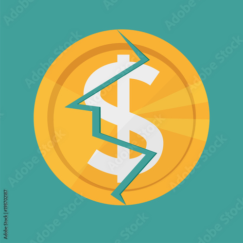 Golden Cracked Dollar coin. American money currency symbol - The crack in the coin, destruction, broken finance