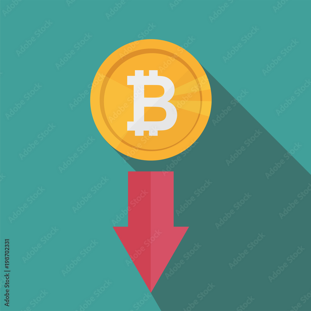 Bitcoin index rating go down on exchange market. red arrow. The bitcoin rate falls on the background - Vector illustration