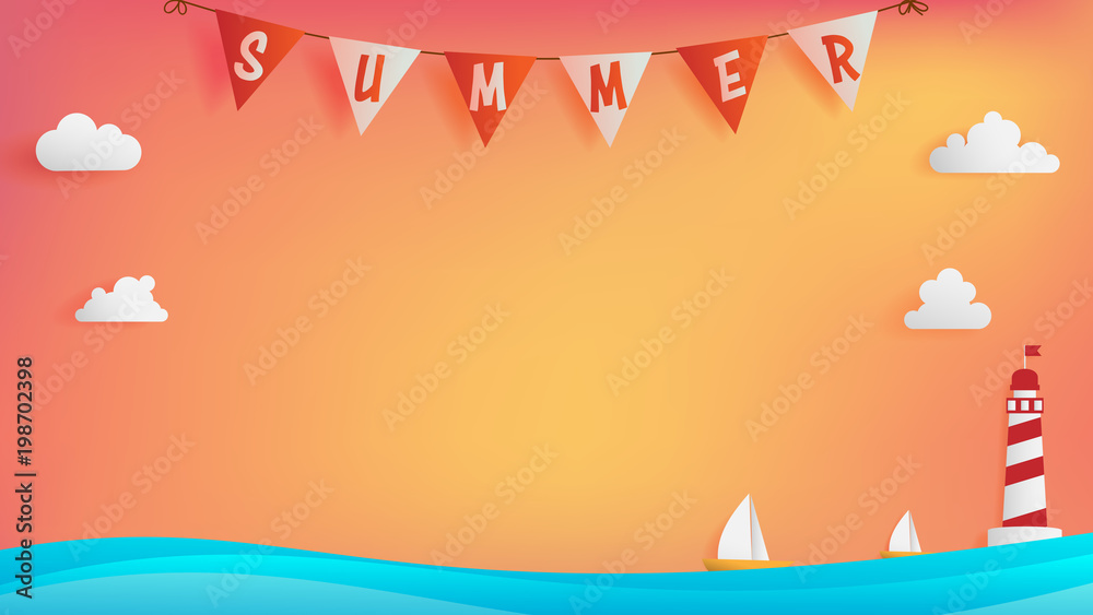 Summer background conception consist of text bunting on top , calm ocean with two boats are on the right beside light house, free space on middle of artwork in the sunset tone color.