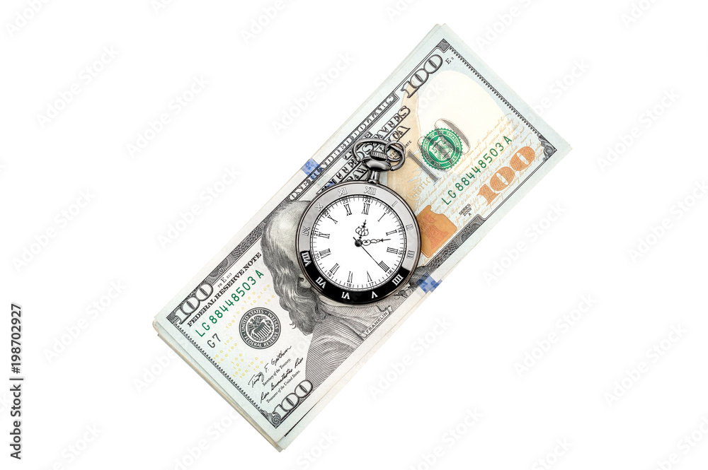 Pocket watch with heap of money on white background. Top view. Pocket watch with heap of money on white background. Top view.