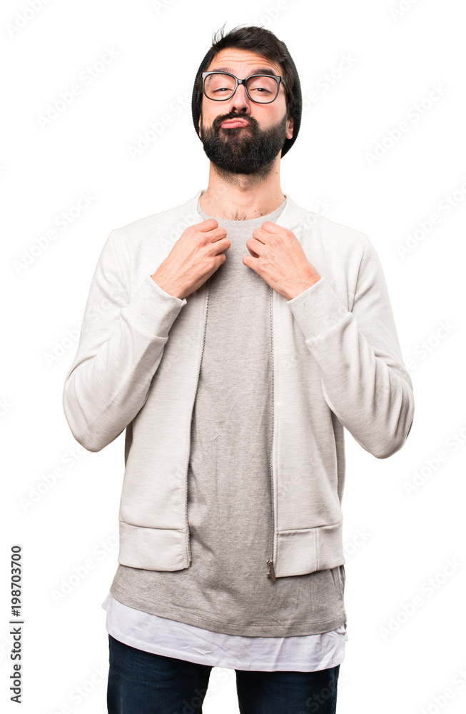 Hipster man proud of himself on white background Hipster man proud of himself on white background