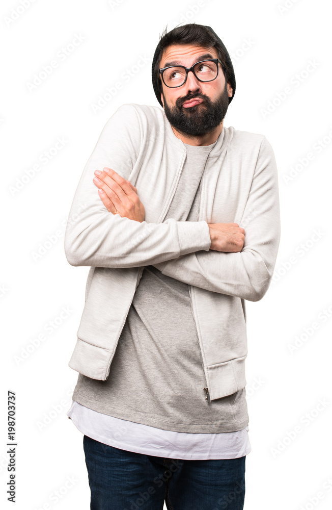 Hipster man making unimportant gesture on white background Hipster man making unimportant gesture on white background