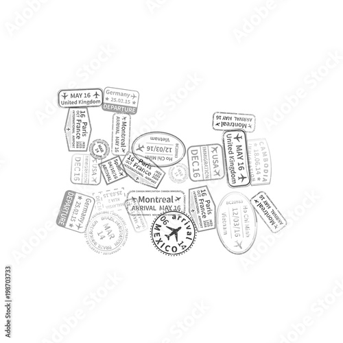 Black immigration stamps arranged in train shape isolated on white