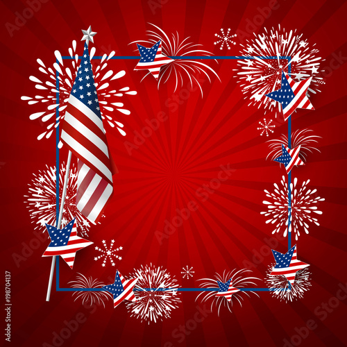 USA background design of america flag and fireworks with line frame vector illustration