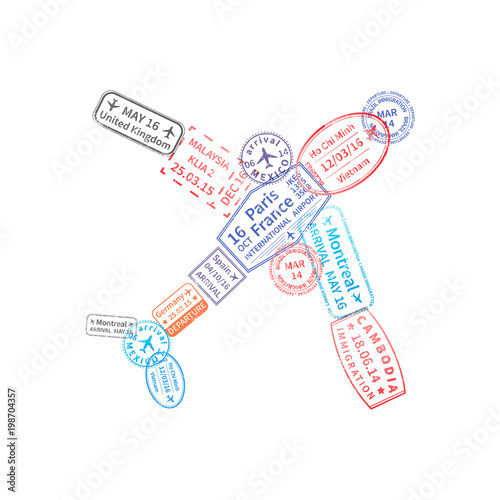Bright colorful immigration stamps arranged in airplane shape isolated on white
