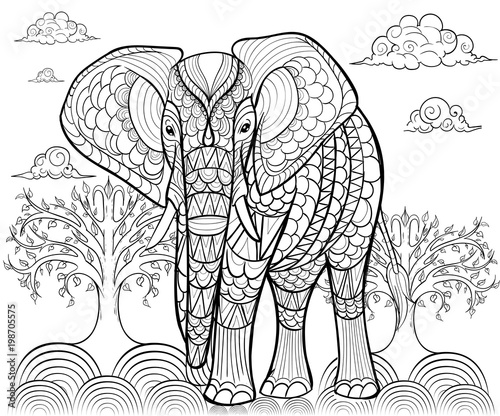 Greeting Beautiful card with Elephant. Frame of animal made in vector. Perfect cards, or for any other kind of design, birthday and other holiday.Seamless hand drawn map with Elephant