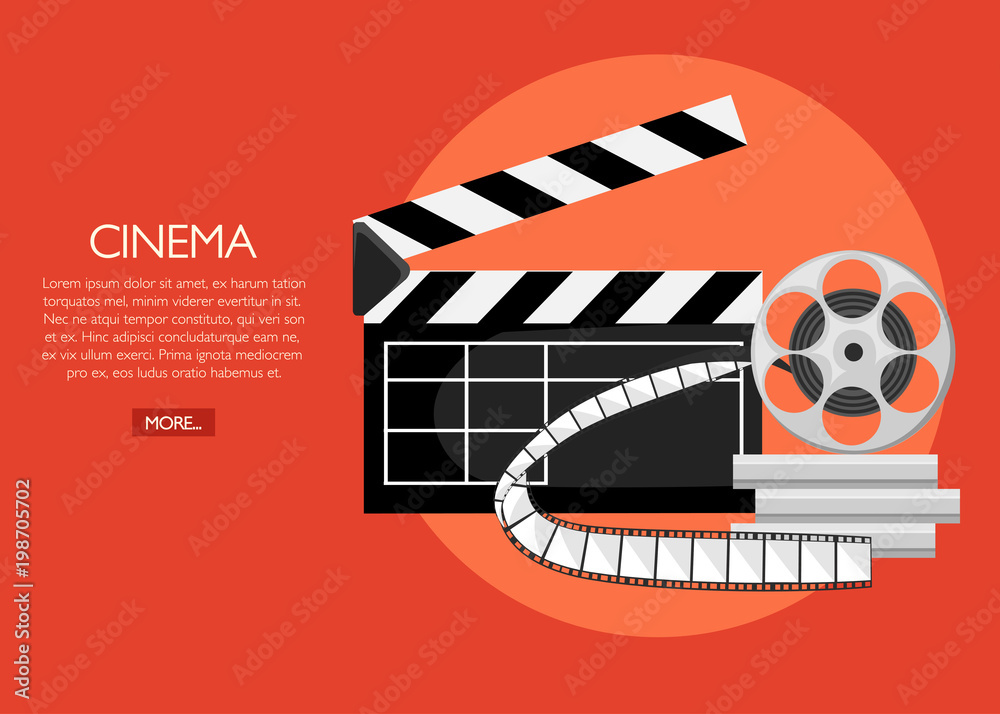 Retro movie clapboard poster. Cartoon vector illustration. Cinema concept.  Clapper with film reels. Vector illustration on red background. Web site  page and mobile app design Stock Vector | Adobe Stock
