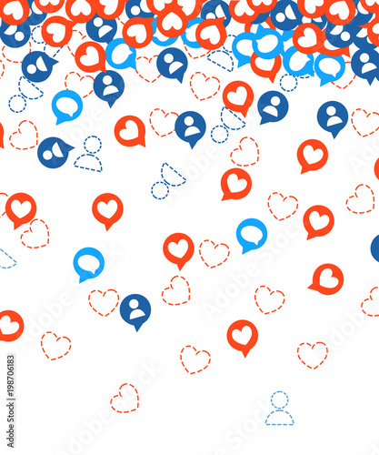 Get more likes. Red and blue icons falling. SEO concept. Design elements for social network,marketing. Vector illustration on white background. Web site page and mobile app design