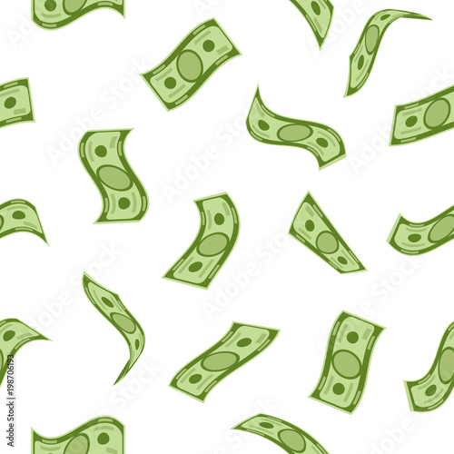 Seamless pattern. Money rain pattern. Falling dollar banknotes on white background. Illustration for credit, savings, success, charitable concepts