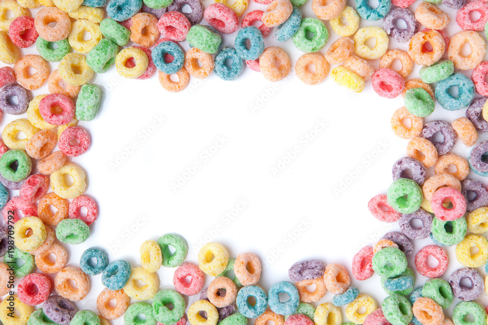 Multicolor cereals with fruity on white background.