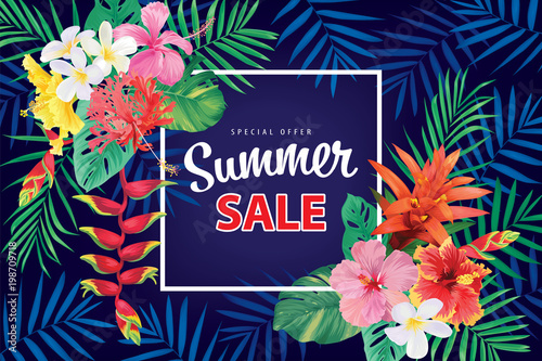 Special offer summer sale with tropical hibiscus flowers frame and palm leaf on blue background template. Vector set of floral blooming for holiday greetings, voucher, brochures and banners design.