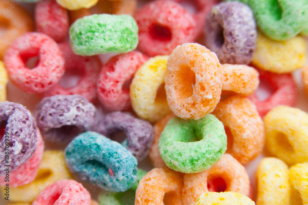 Multicolor cereals with fruit.