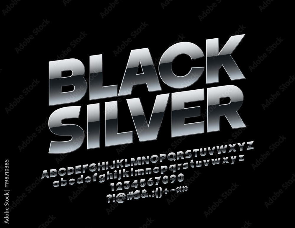 Vector rotated Black Silver Font. Metallic extra Alphabet Letters, Numbers and Symbols