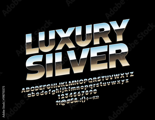 Vector Reflective Font. Luxury Silver Mirror. Glossy metal Alphabet Letters, Numbers and Symbols