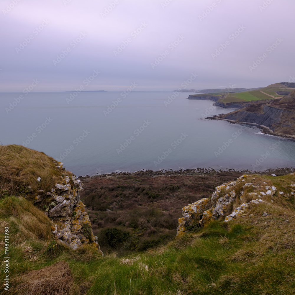 Spring evening views of Jurassic Coast in Dorset from Chapmans Pool near St Albans or St Aldhelms Head, Dorset, UK