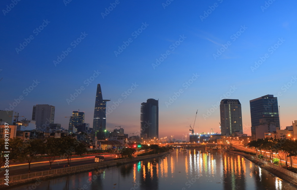 Fototapeta premium Ho Chi minh City sunrise Saigon river cityscape Vietnam