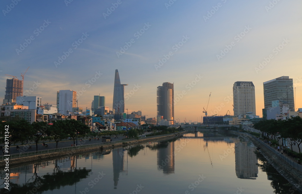Ho Chi minh City sunrise Saigon river cityscape Vietnam