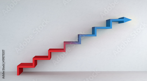 Blue and red stairs arrow going up on concrete wall 3D rendering