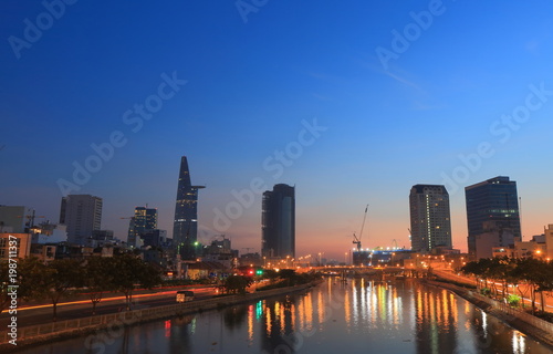 Ho Chi minh City sunrise Saigon river cityscape Vietnam © tktktk
